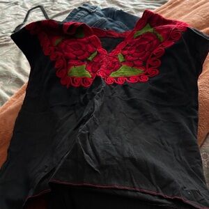 Embroidered Black and Red Women's Top Mexican Top